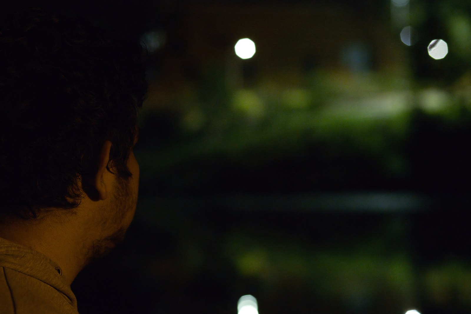 A person is seen from behind in focus beside a pond, with distant lights and greenery softly blurred.
